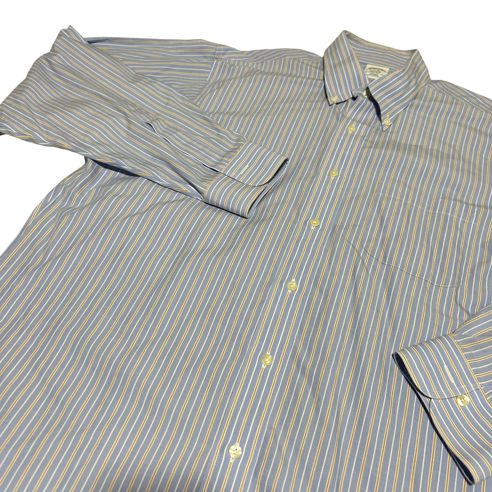 Brooks Brothers Button Down Shirt Mens 17-36 Blue Orange Stripe Slim Non-Iron